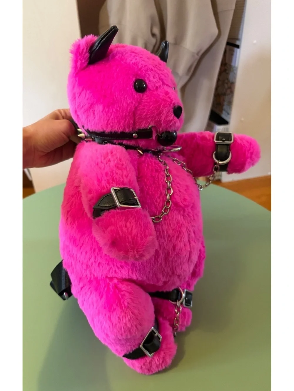 Hot Pink Plush Devil Bear Backpack with Black Straps and Chains